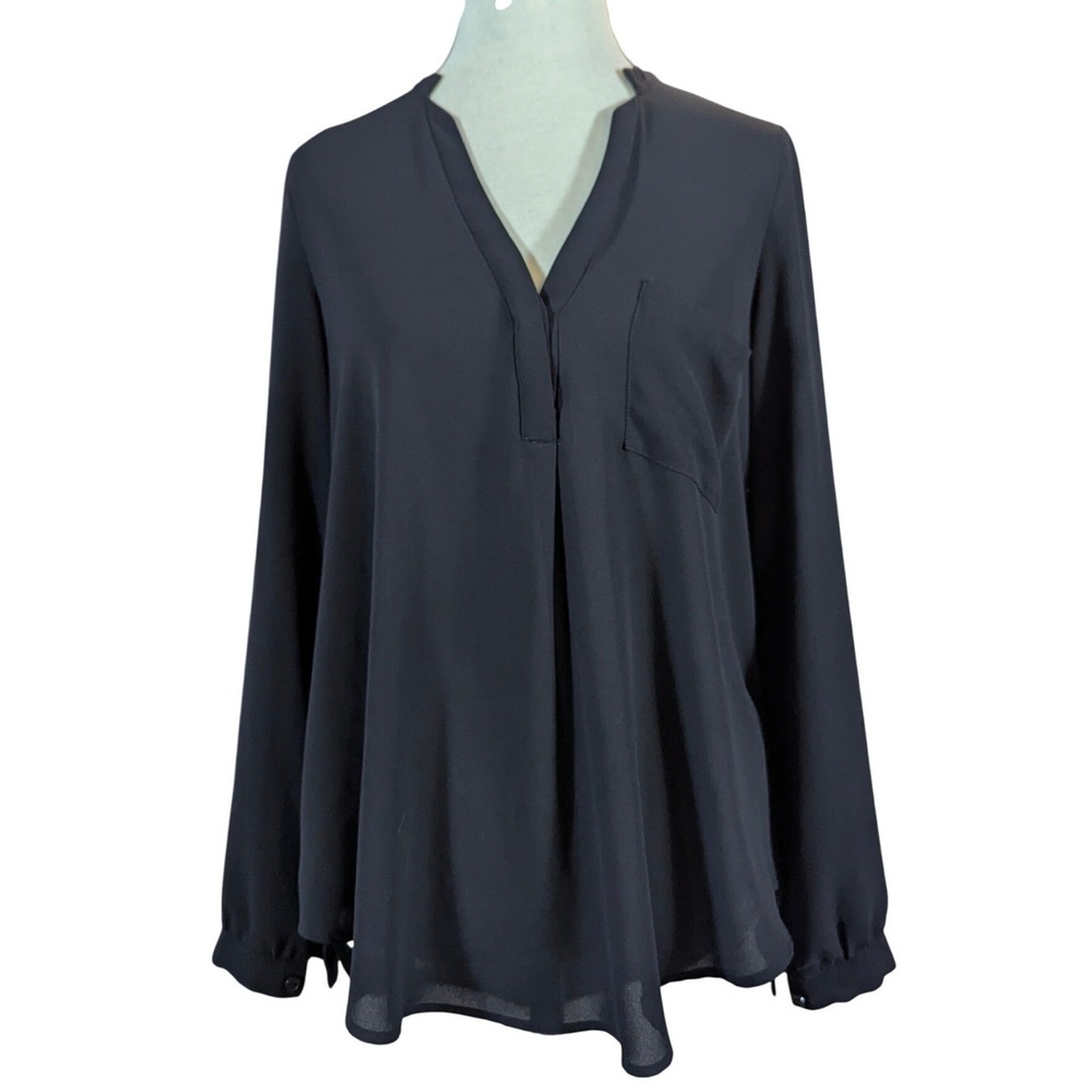 Harper Blouse Women S Black V-Neck Long Sleeve‎ Split Back Minimalist Workwear